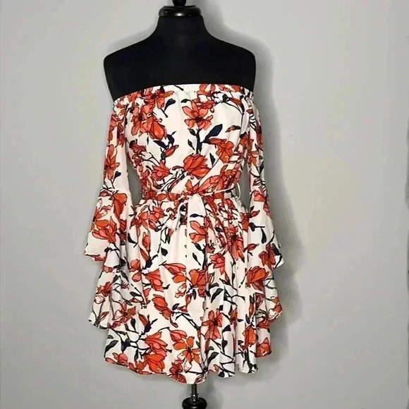 Lulu’s Blushing Blooms Nude Floral Print Off The Shoulder Dress S - Picture 4 of 9